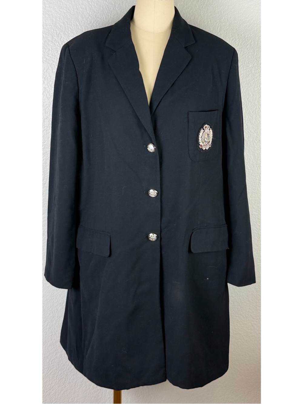 Lauren Ralph Lauren Black Wool Blazer Jacket Crest Silver Buttons Made USA Large